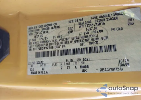 2005 Ford E-250 Commercial/Recreational z USA, uszkodzony, nr VIN 1FTNE24W25HB06184